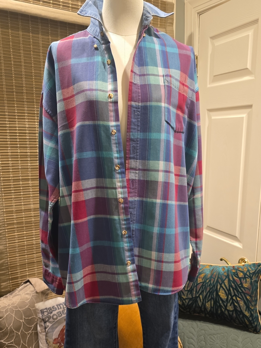 Men's Plaid Button-Down Shirt in Blue and Purple